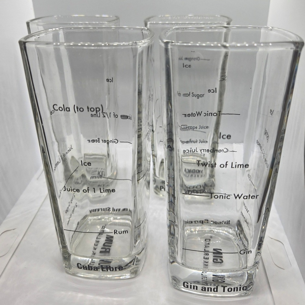Vintage Set of 4 Kikkerland Cocktail Recipe Highball Glasses Barware